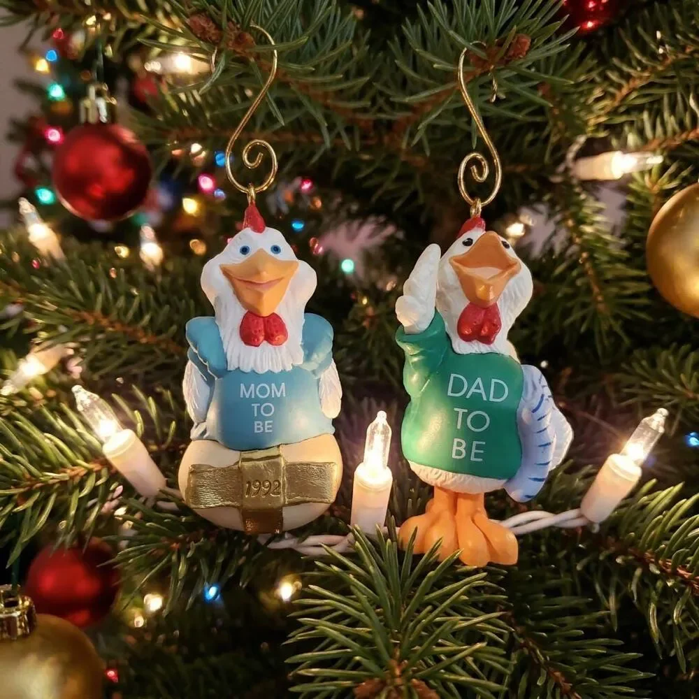 Hallmark Mom to Be / Dad to Be Christmas Ornaments - Set of 2 Hen & Rooster 1992